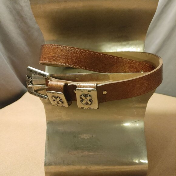 Leather Brown Belt Size 30 Conchos Intricate Silvertone Buckle Canada Vintage - Picture 2 of 6